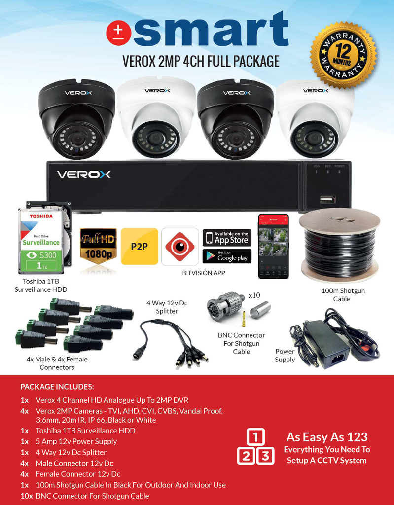VEROX 2MP 4CH 4 X CCTV CAMERA FULL PACKAGE CCTV KIT